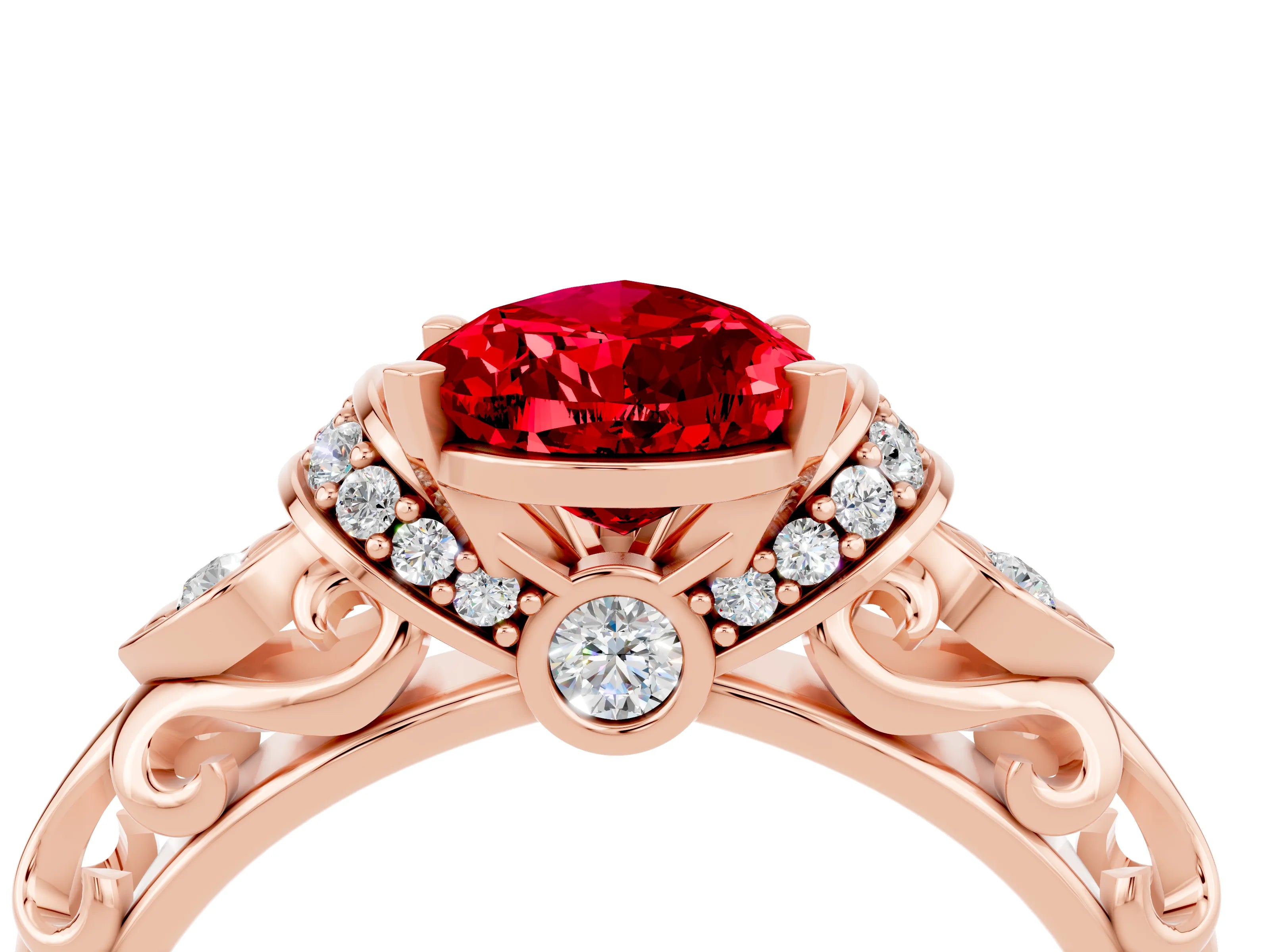 Rose gold Pear Cut Ruby Solitaire Ring with Filigree Band and Four-Prong Setting_28