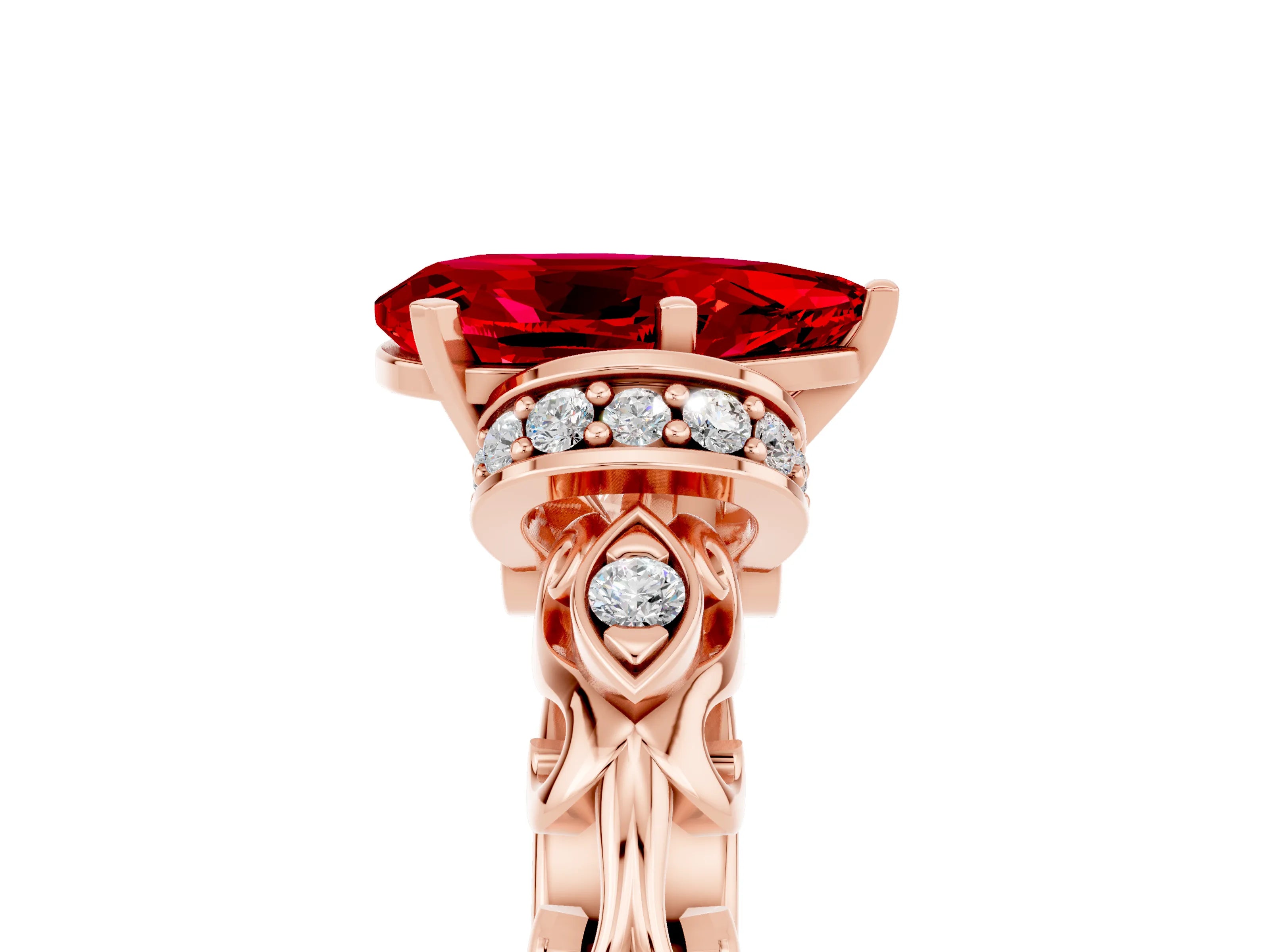 Rose gold Pear Cut Ruby Solitaire Ring with Filigree Band and Four-Prong Setting_29
