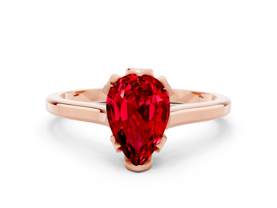 Rose gold Pear Cut Ruby Solitaire Ring with Flower Prong Setting and Classic Band_12