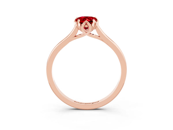 Rose gold Pear Cut Ruby Solitaire Ring with Flower Prong Setting and Classic Band