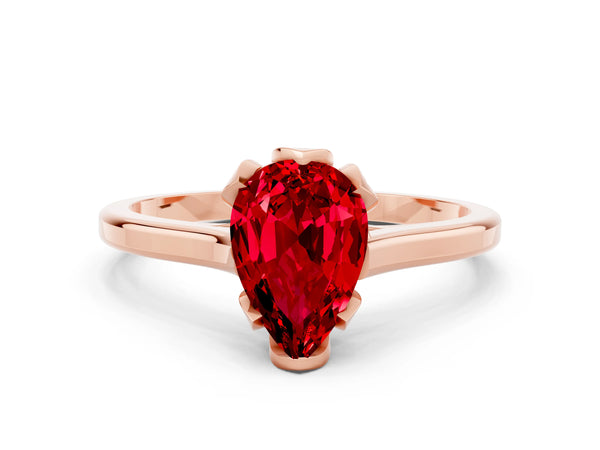 Rose gold Pear Cut Ruby Solitaire Ring with Flower Prong Setting and Classic Band