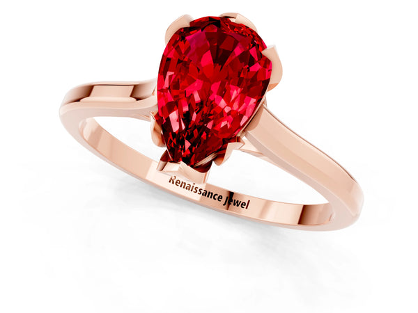 Rose gold Pear Cut Ruby Solitaire Ring with Flower Prong Setting and Classic Band