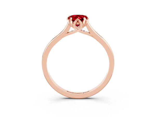 Rose gold Pear Cut Ruby Solitaire Ring with Flower Prong Setting and Classic Band