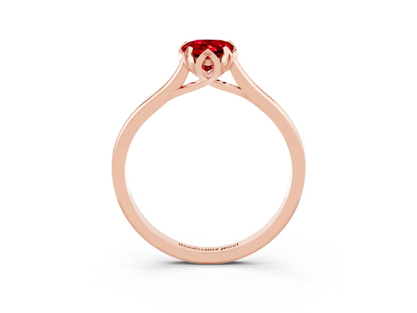 Rose Gold Pear-Shaped Lab-Grown Ruby Floral Solitaire Engagement Ring with Plain Band