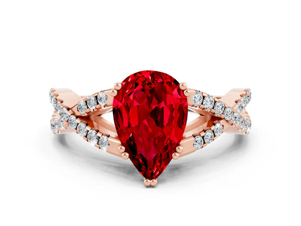 Rose gold Pear Cut Ruby Solitaire Ring with Four-Prong Setting and Twisted Pavé Band