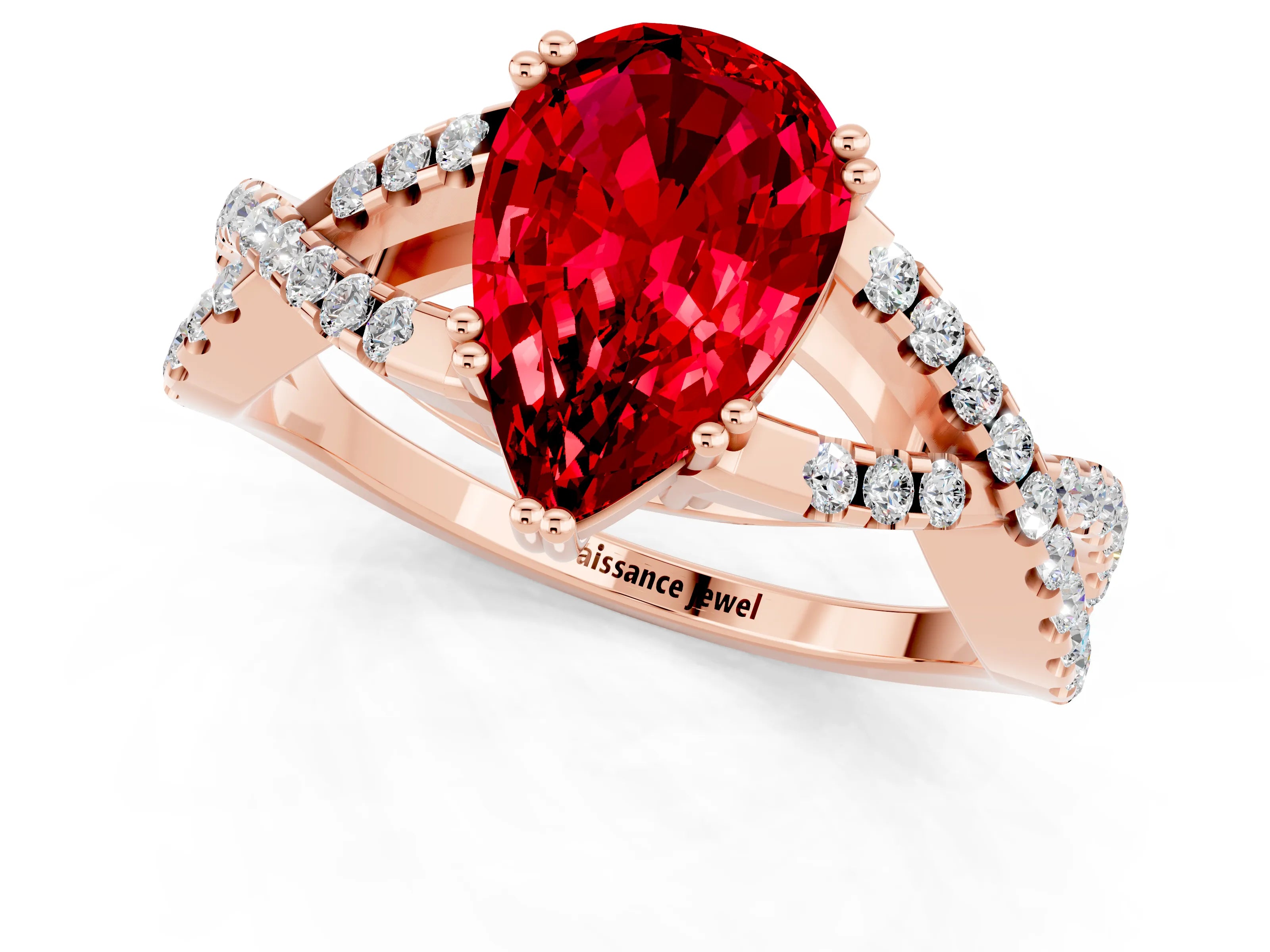 Rose gold Pear Cut Ruby Solitaire Ring with Four-Prong Setting and Twisted Pavé Band_1