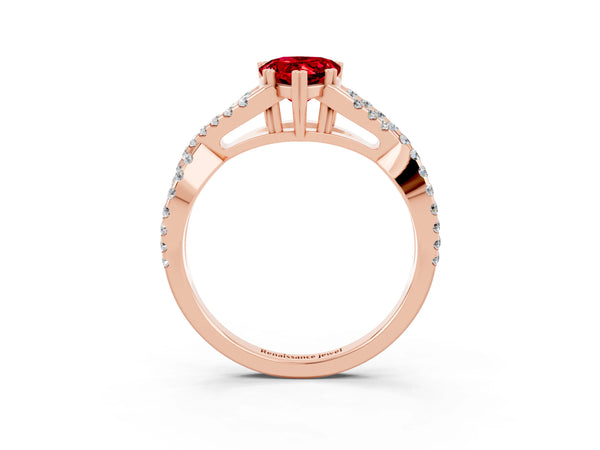 Rose gold Pear Cut Ruby Solitaire Ring with Four-Prong Setting and Twisted Pavé Band