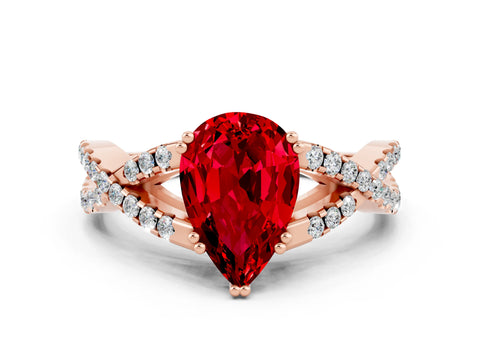 Rose gold Pear Cut Ruby Solitaire Ring with Four-Prong Setting and Twisted Pavé Band
