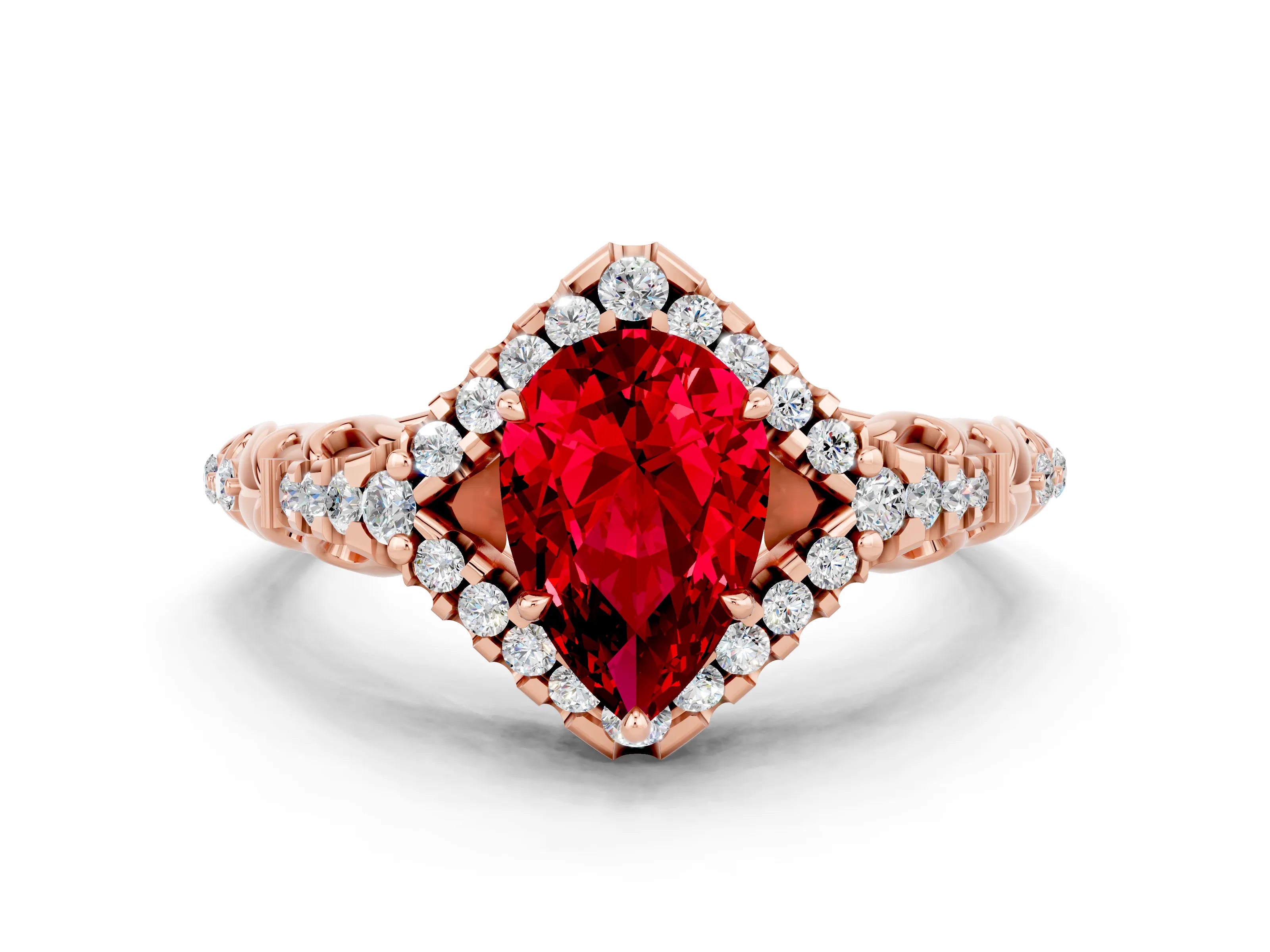 Rose gold Pear Cut Ruby Solitaire Ring with Hidden Halo and Pavé Band_12