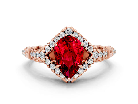 Rose gold Pear Cut Ruby Solitaire Ring with Hidden Halo and Pavé Band_12