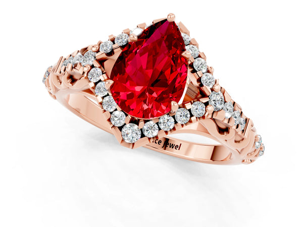 Rose gold Pear Cut Ruby Solitaire Ring with Hidden Halo and Pavé Band