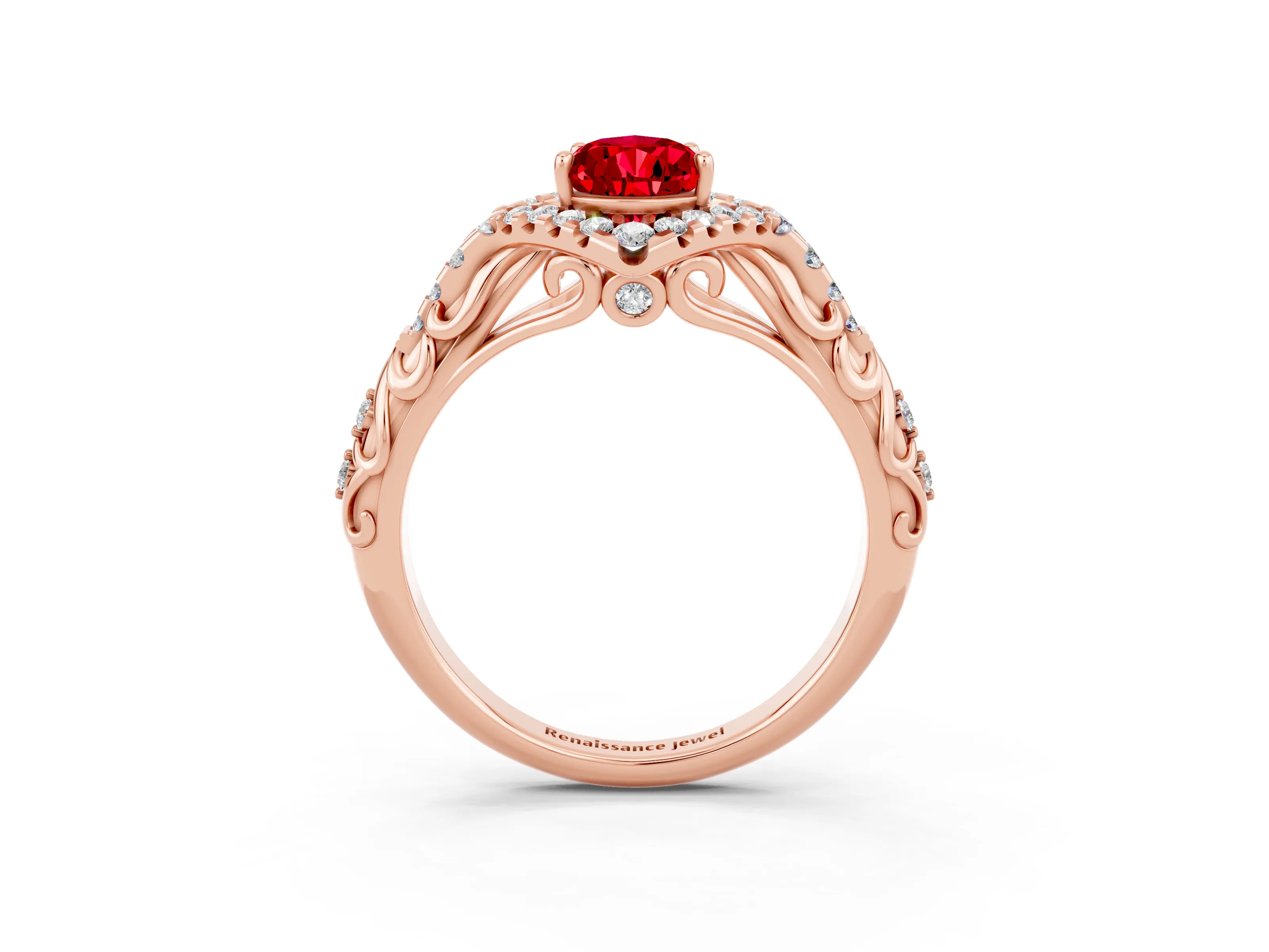 Rose gold Pear Cut Ruby Solitaire Ring with Hidden Halo and Pavé Band_15
