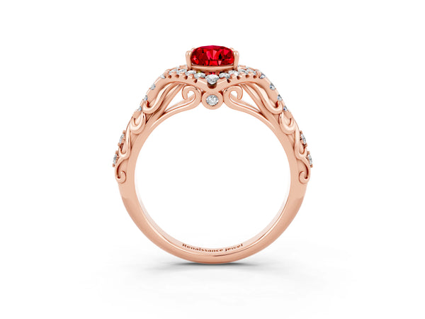 Rose gold Pear Cut Ruby Solitaire Ring with Hidden Halo and Pavé Band