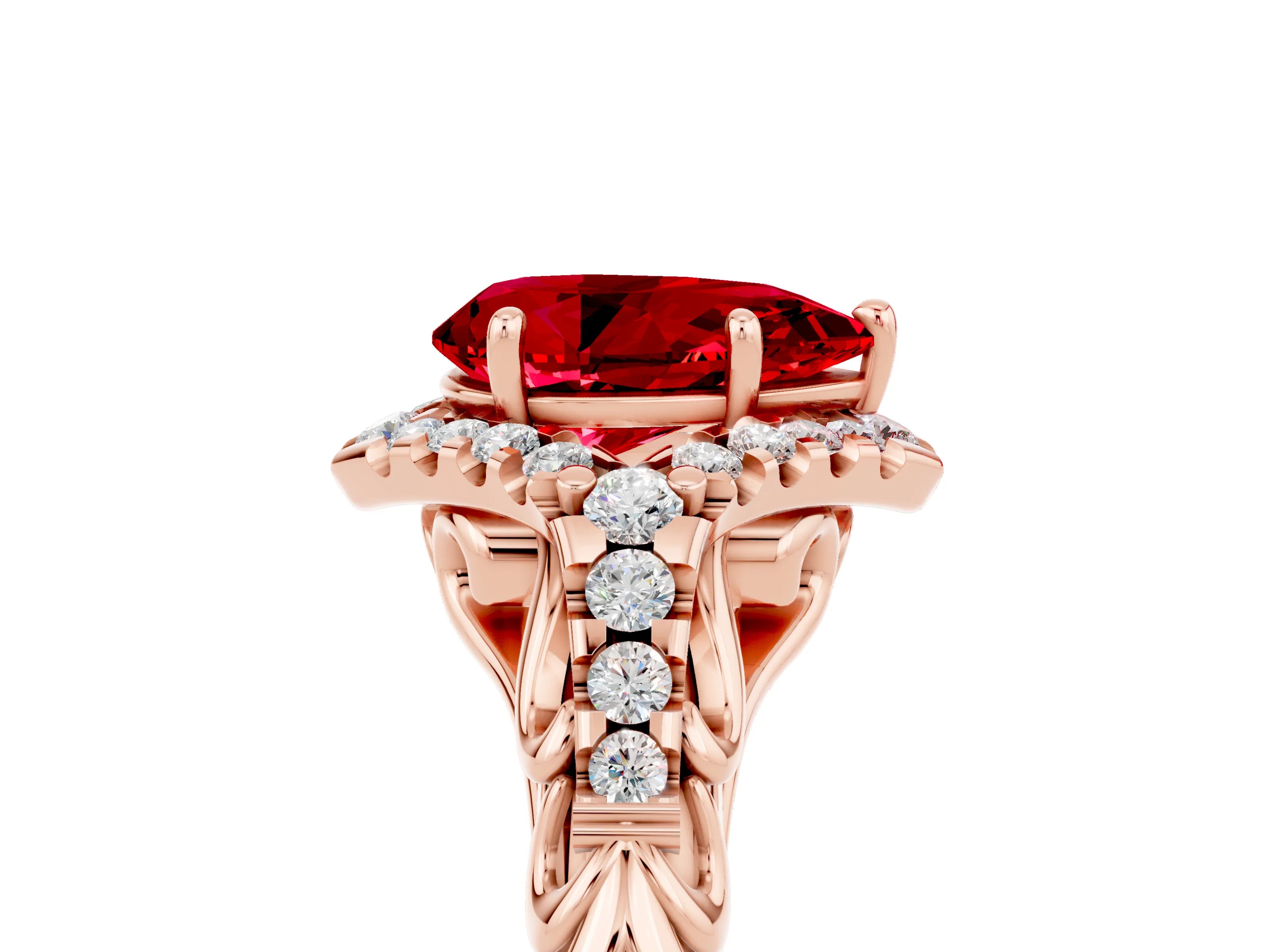 Rose gold Pear Cut Ruby Solitaire Ring with Hidden Halo and Pavé Band_17