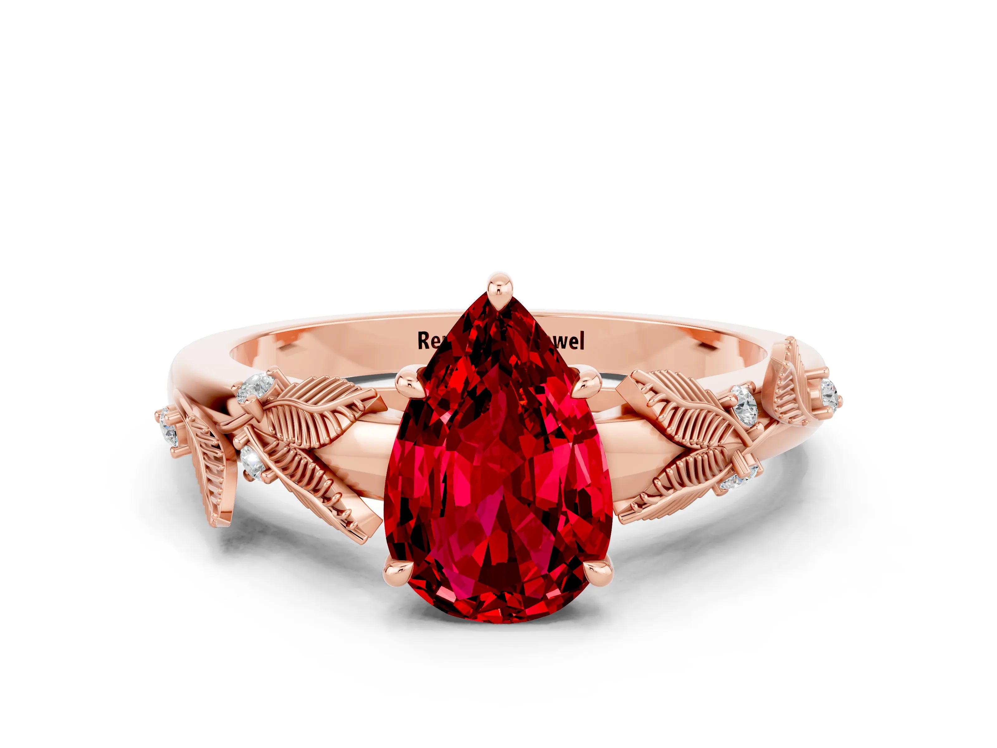 Rose gold Pear Cut Ruby Solitaire Ring with Leaf Motif Band and Four-Prong Setting