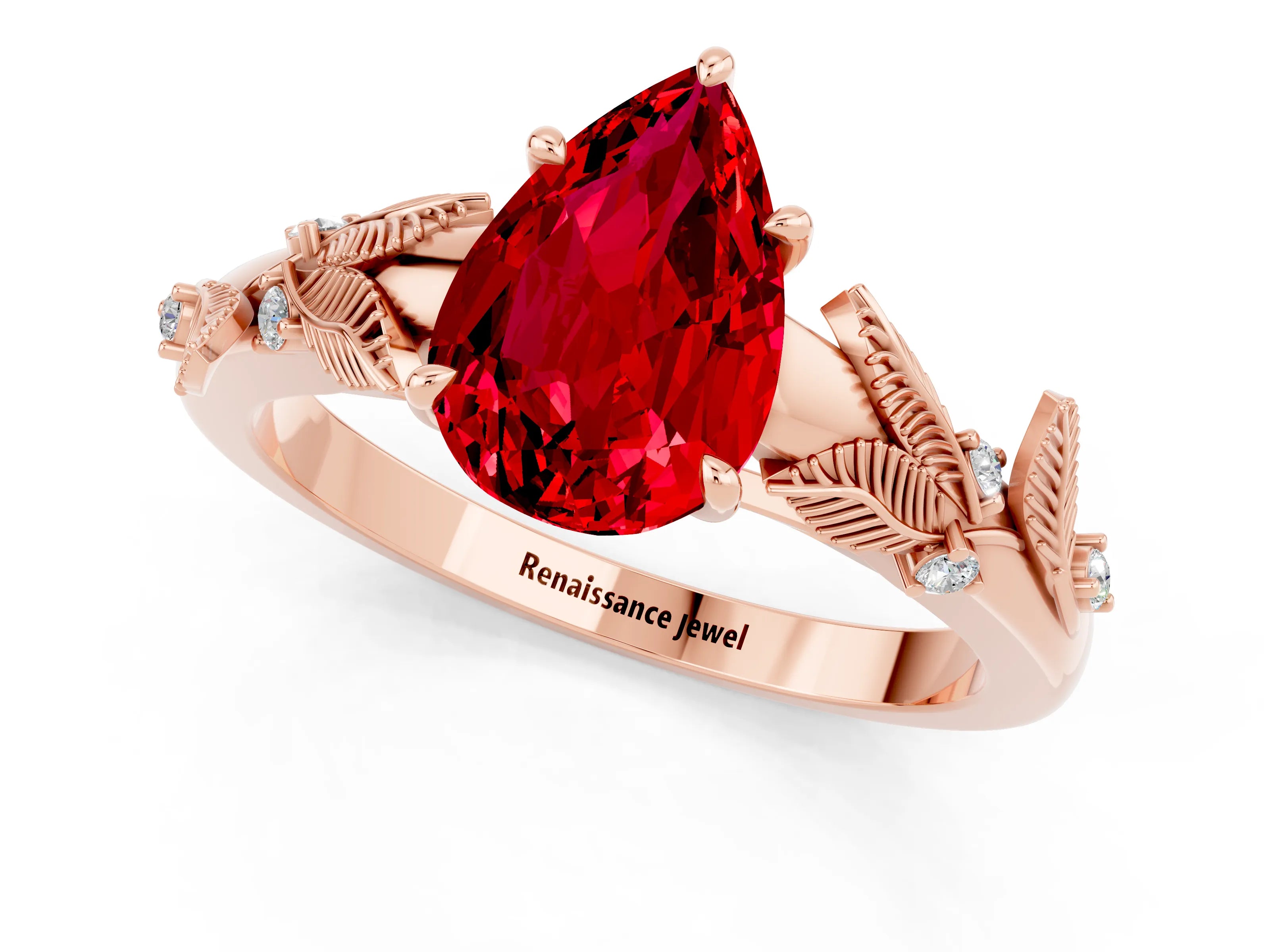 Rose gold Pear Cut Ruby Solitaire Ring with Leaf Motif Band and Four-Prong Setting_1