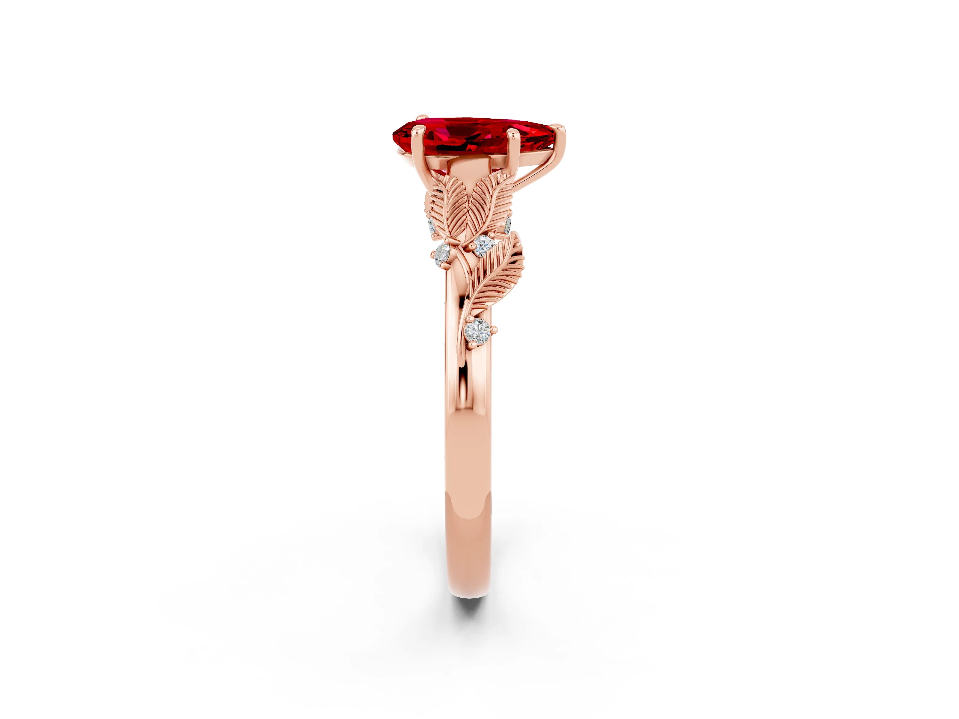 Rose gold Pear Cut Ruby Solitaire Ring with Leaf Motif Band and Four-Prong Setting_2