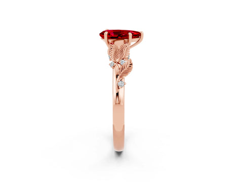Rose gold Pear Cut Ruby Solitaire Ring with Leaf Motif Band and Four-Prong Setting_2