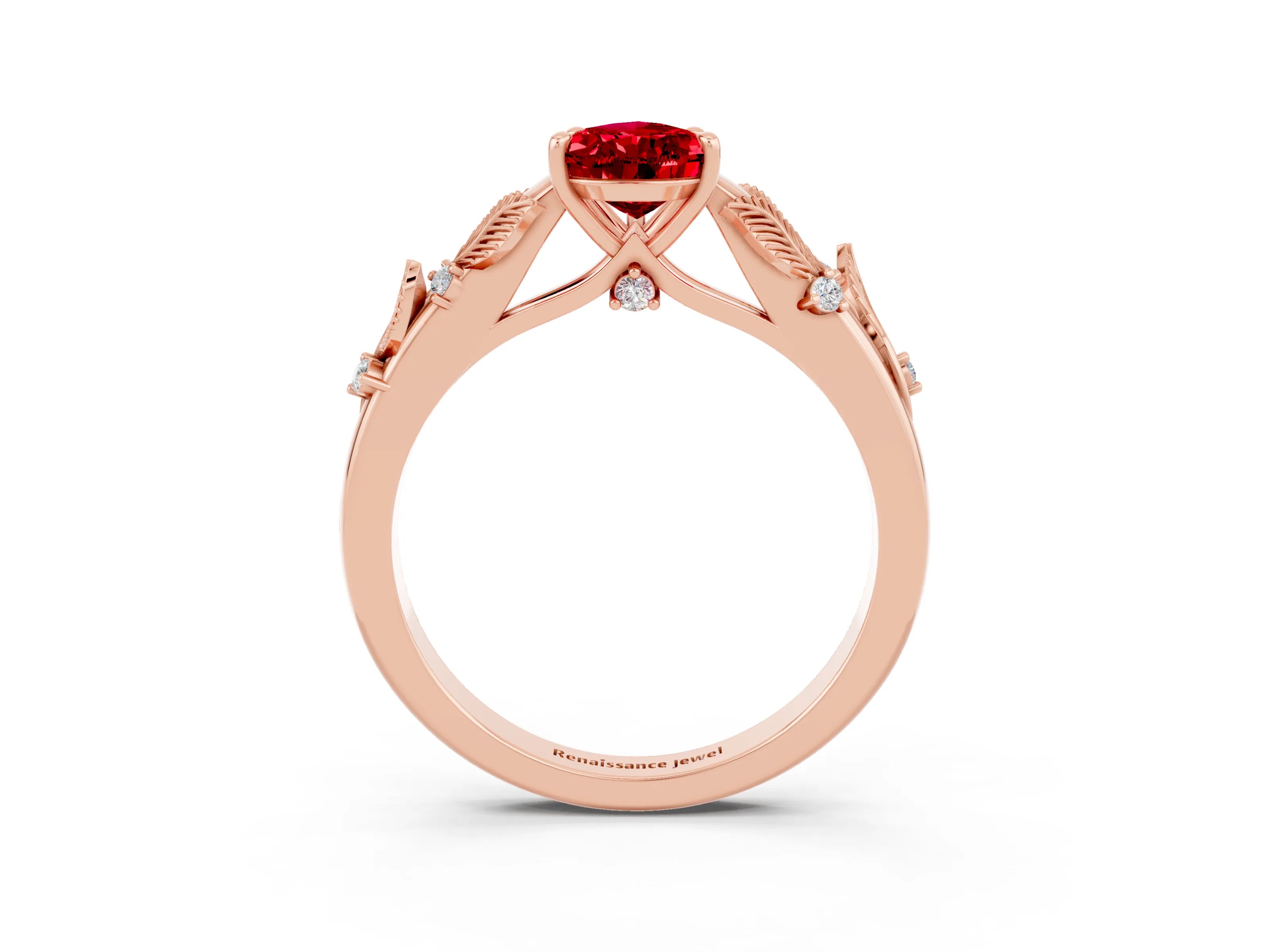 Rose gold Pear Cut Ruby Solitaire Ring with Leaf Motif Band and Four-Prong Setting_3