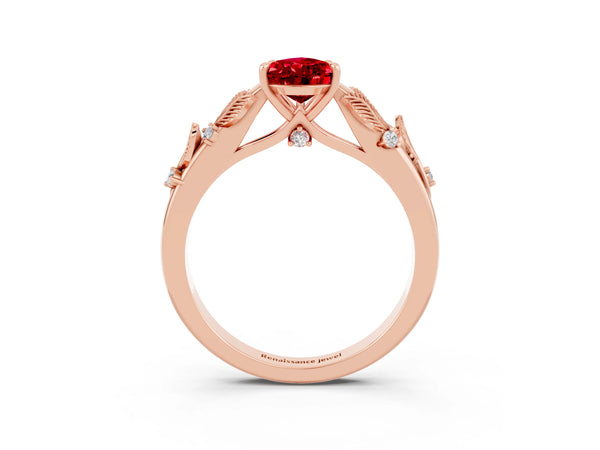 Rose gold Pear Cut Ruby Solitaire Ring with Leaf Motif Band and Four-Prong Setting