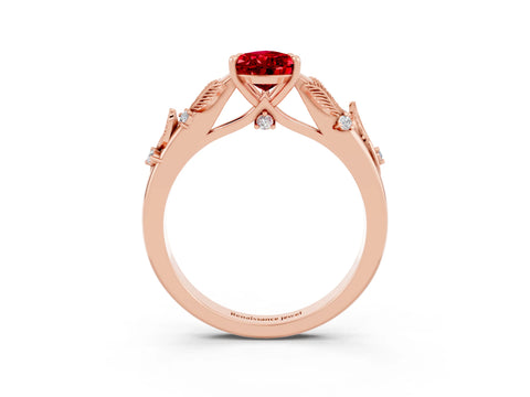 Rose gold Pear Cut Ruby Solitaire Ring with Leaf Motif Band and Four-Prong Setting_3