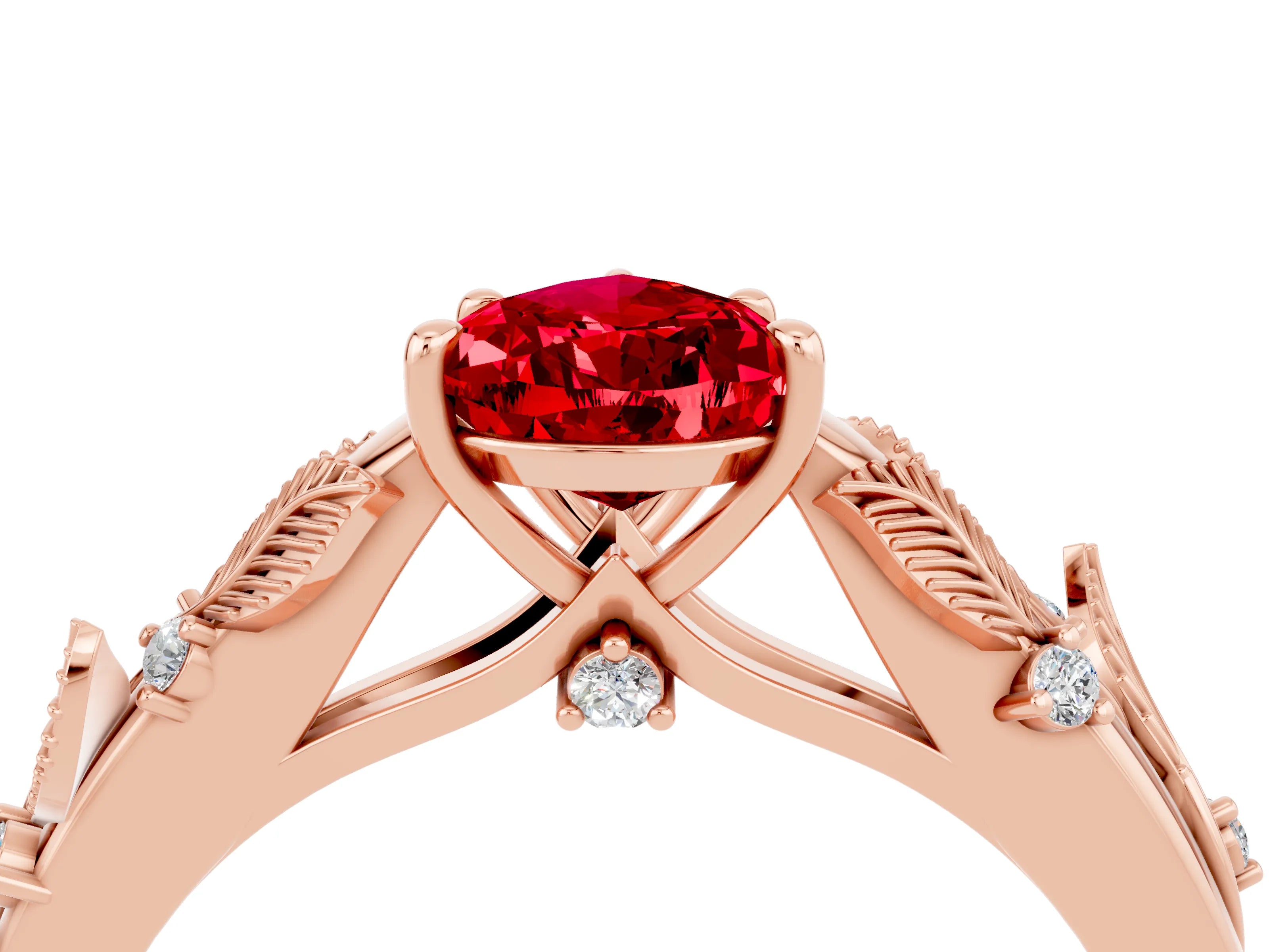 Rose gold Pear Cut Ruby Solitaire Ring with Leaf Motif Band and Four-Prong Setting_4