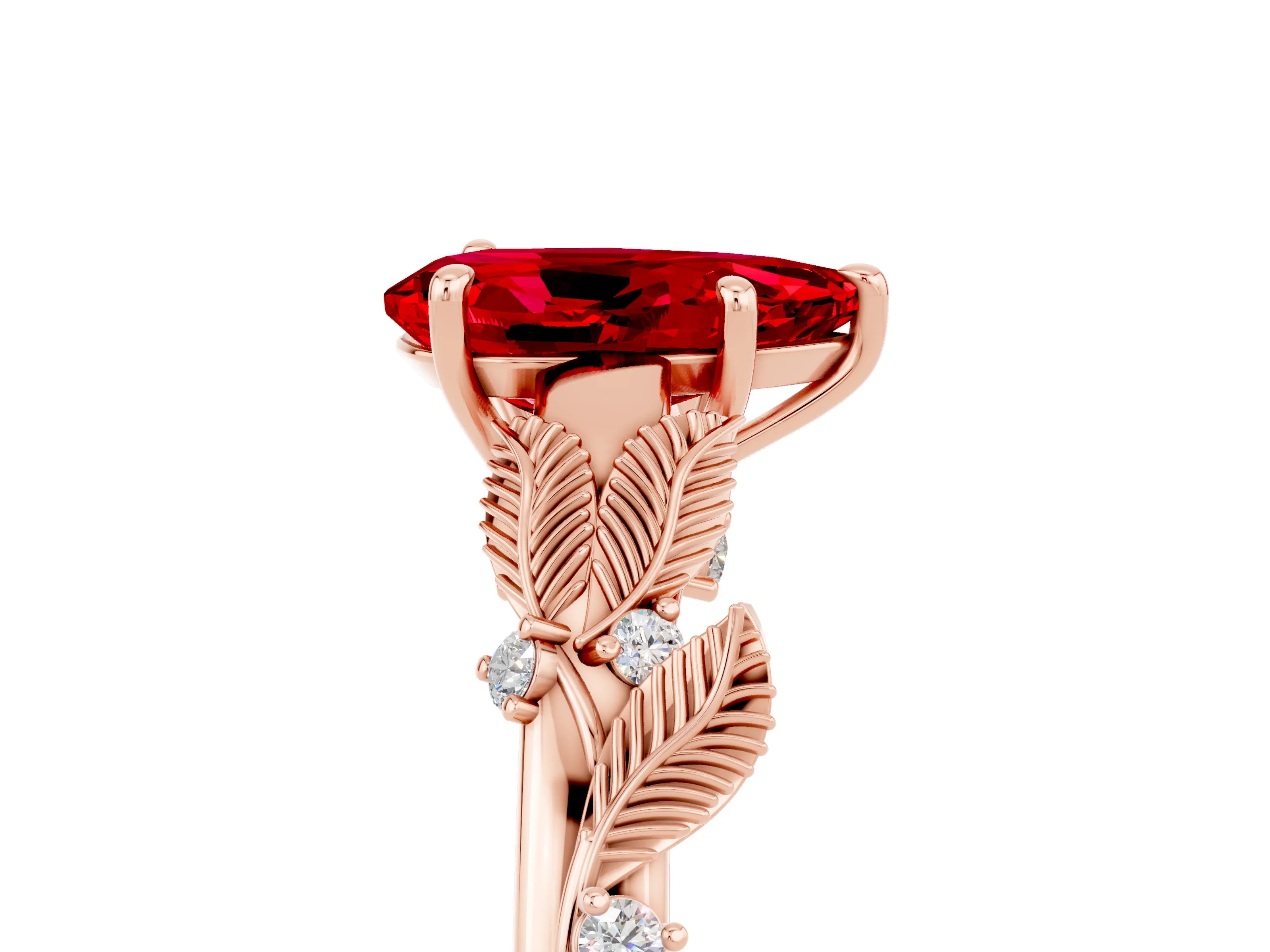 Rose gold Pear Cut Ruby Solitaire Ring with Leaf Motif Band and Four-Prong Setting_5