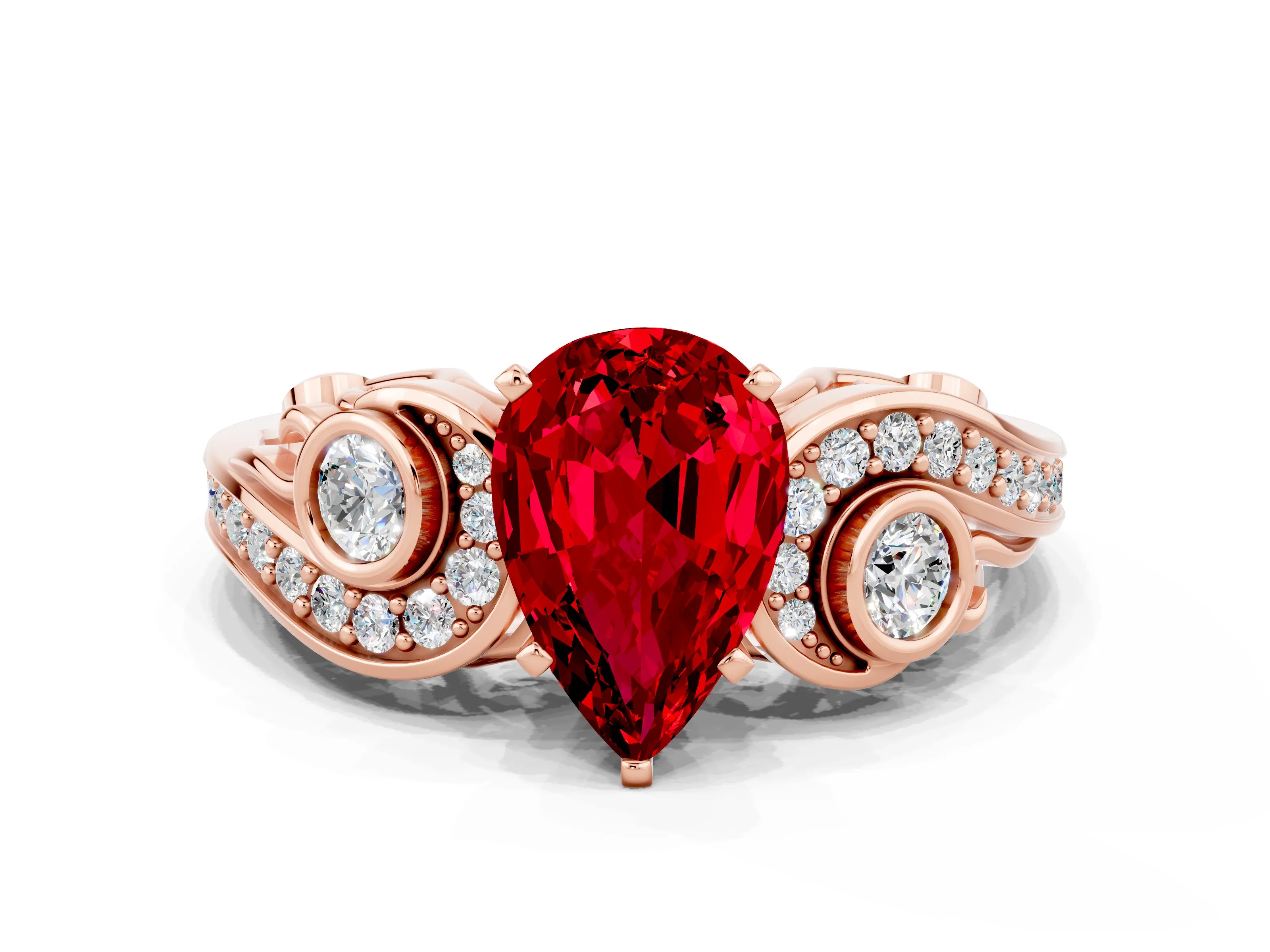 Rose gold Pear Cut Ruby Solitaire Ring with Milgrain Pavé Band and Four-Prong Setting_24