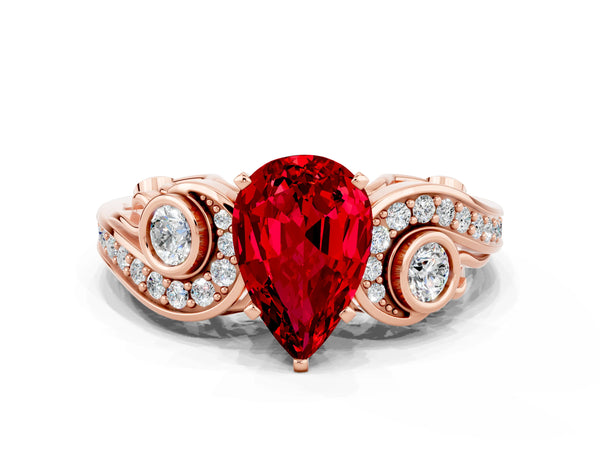 Rose gold Pear Cut Ruby Solitaire Ring with Milgrain Pavé Band and Four-Prong Setting