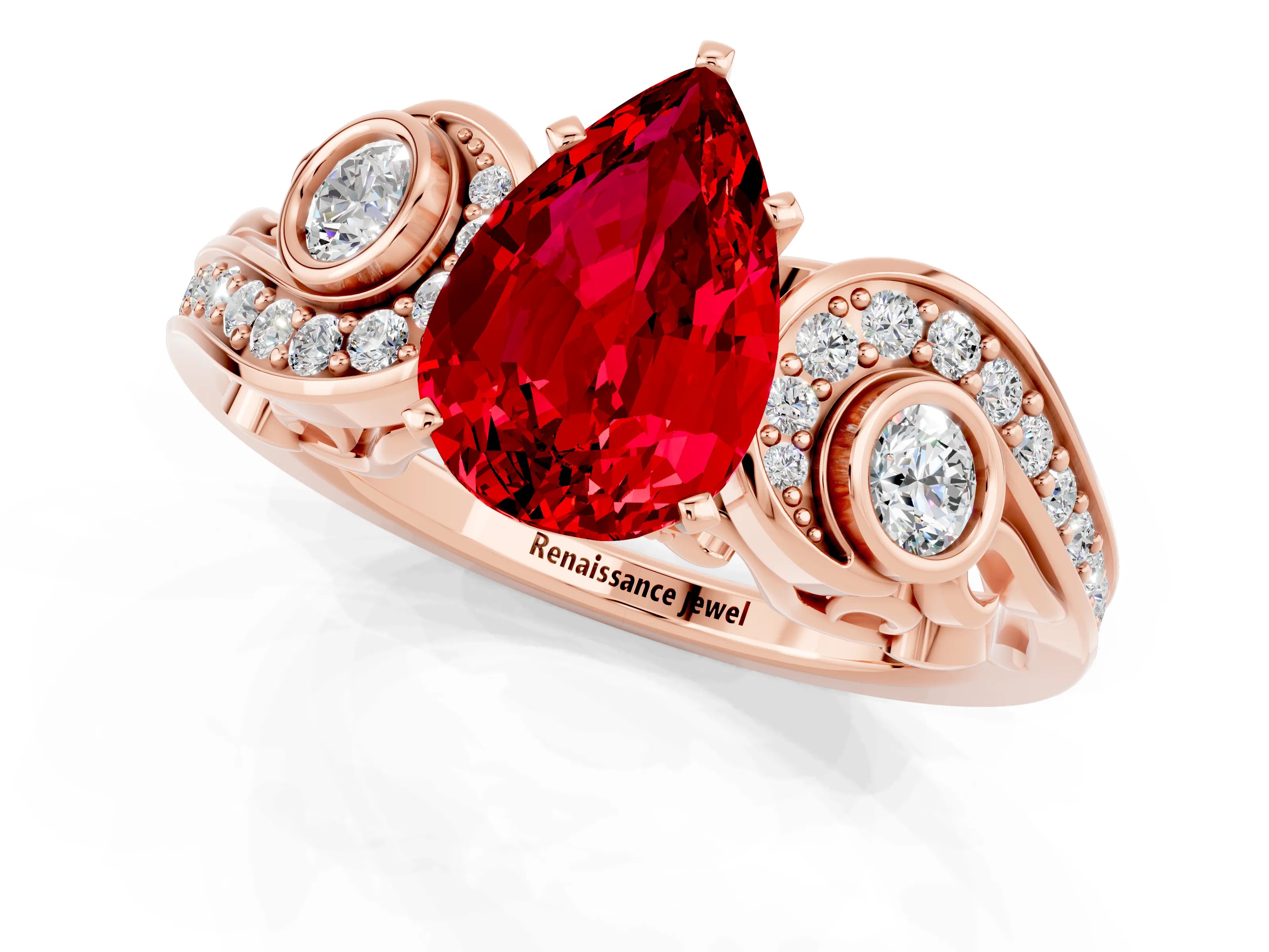 Rose gold Pear Cut Ruby Solitaire Ring with Milgrain Pavé Band and Four-Prong Setting_25
