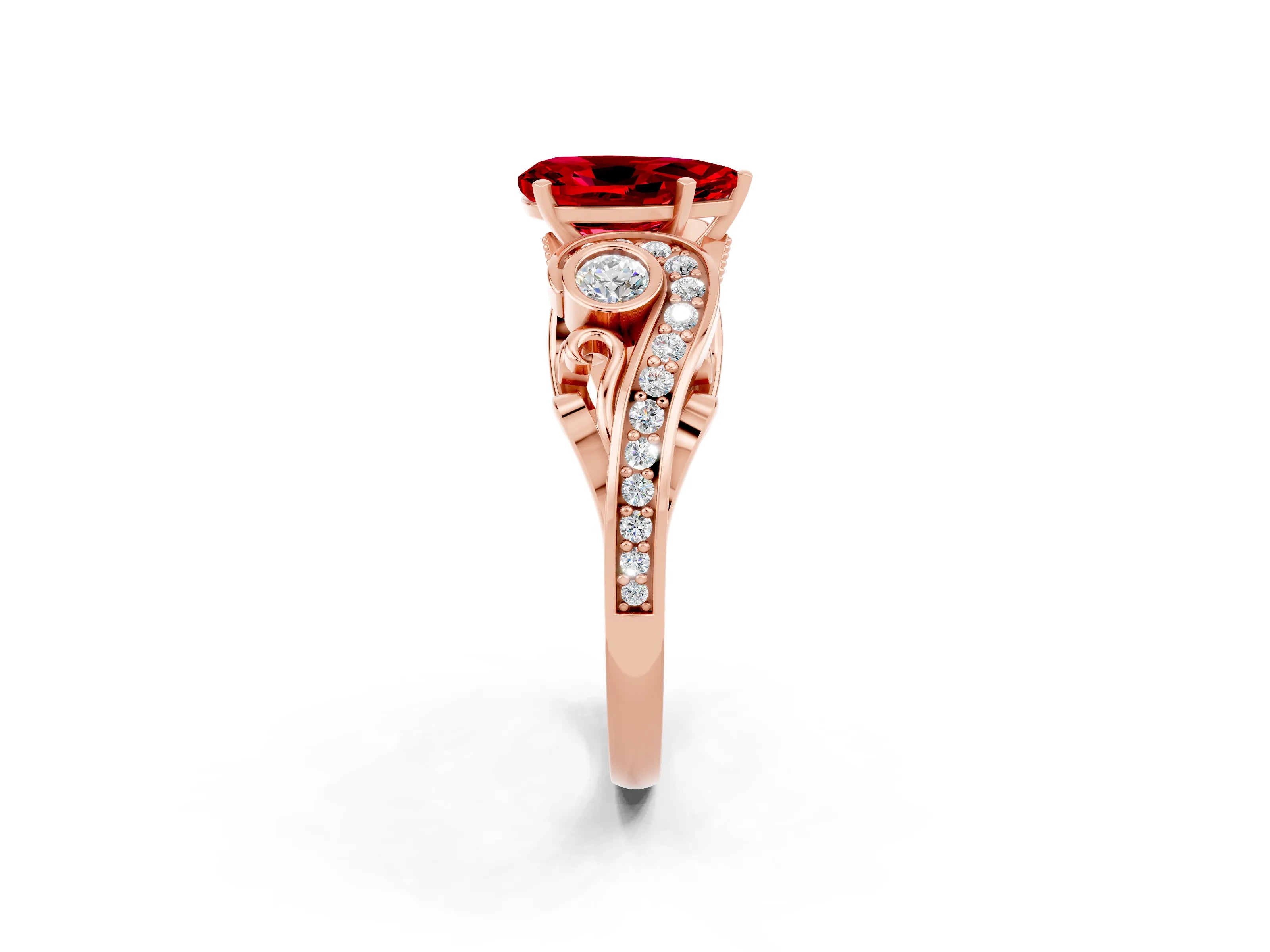 Rose gold Pear Cut Ruby Solitaire Ring with Milgrain Pavé Band and Four-Prong Setting_26