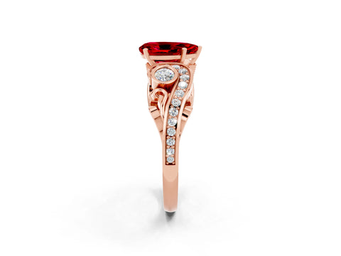Rose gold Pear Cut Ruby Solitaire Ring with Milgrain Pavé Band and Four-Prong Setting_26