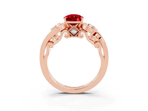 Rose gold Pear Cut Ruby Solitaire Ring with Milgrain Pavé Band and Four-Prong Setting