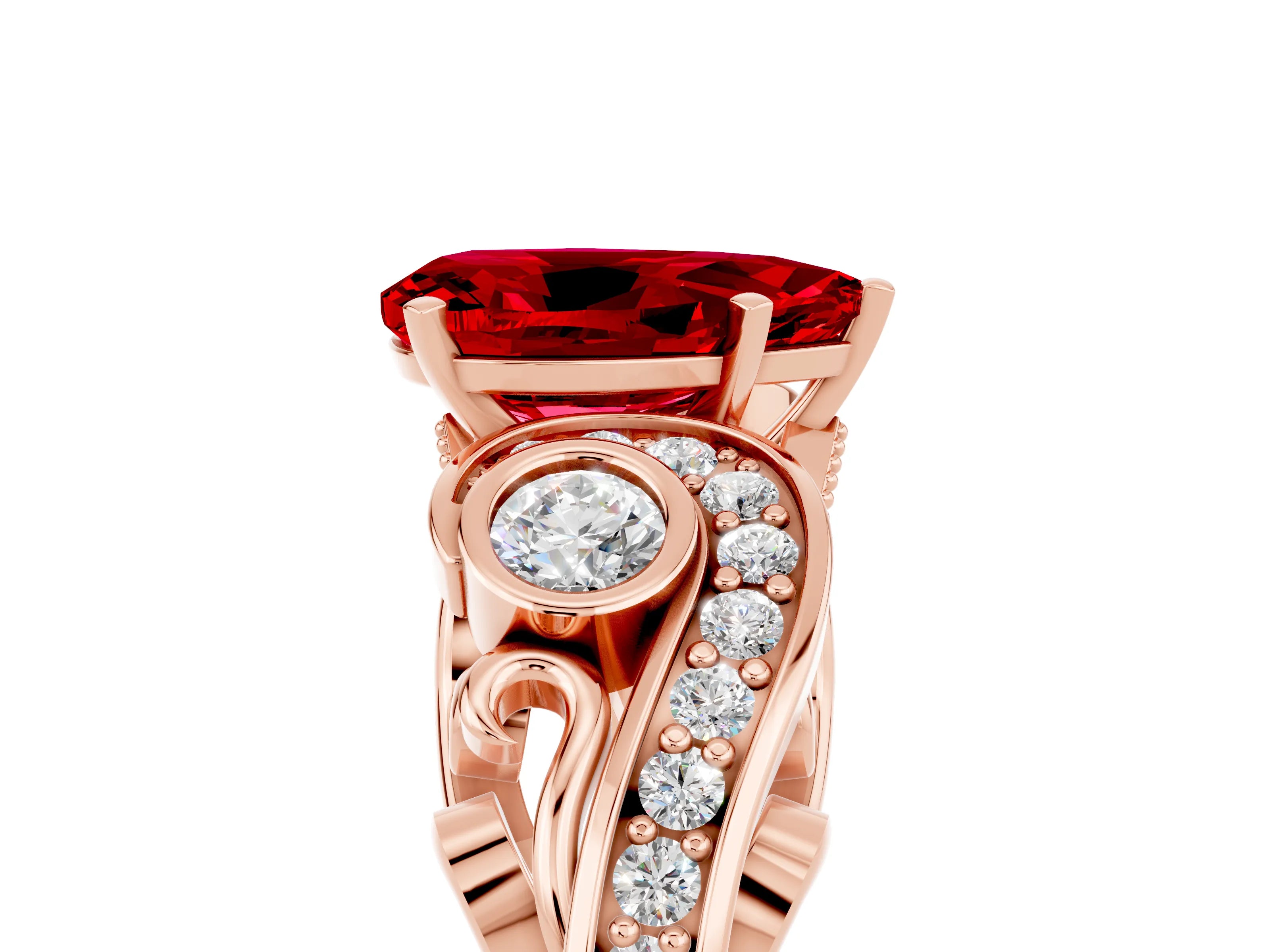 Rose gold Pear Cut Ruby Solitaire Ring with Milgrain Pavé Band and Four-Prong Setting_29