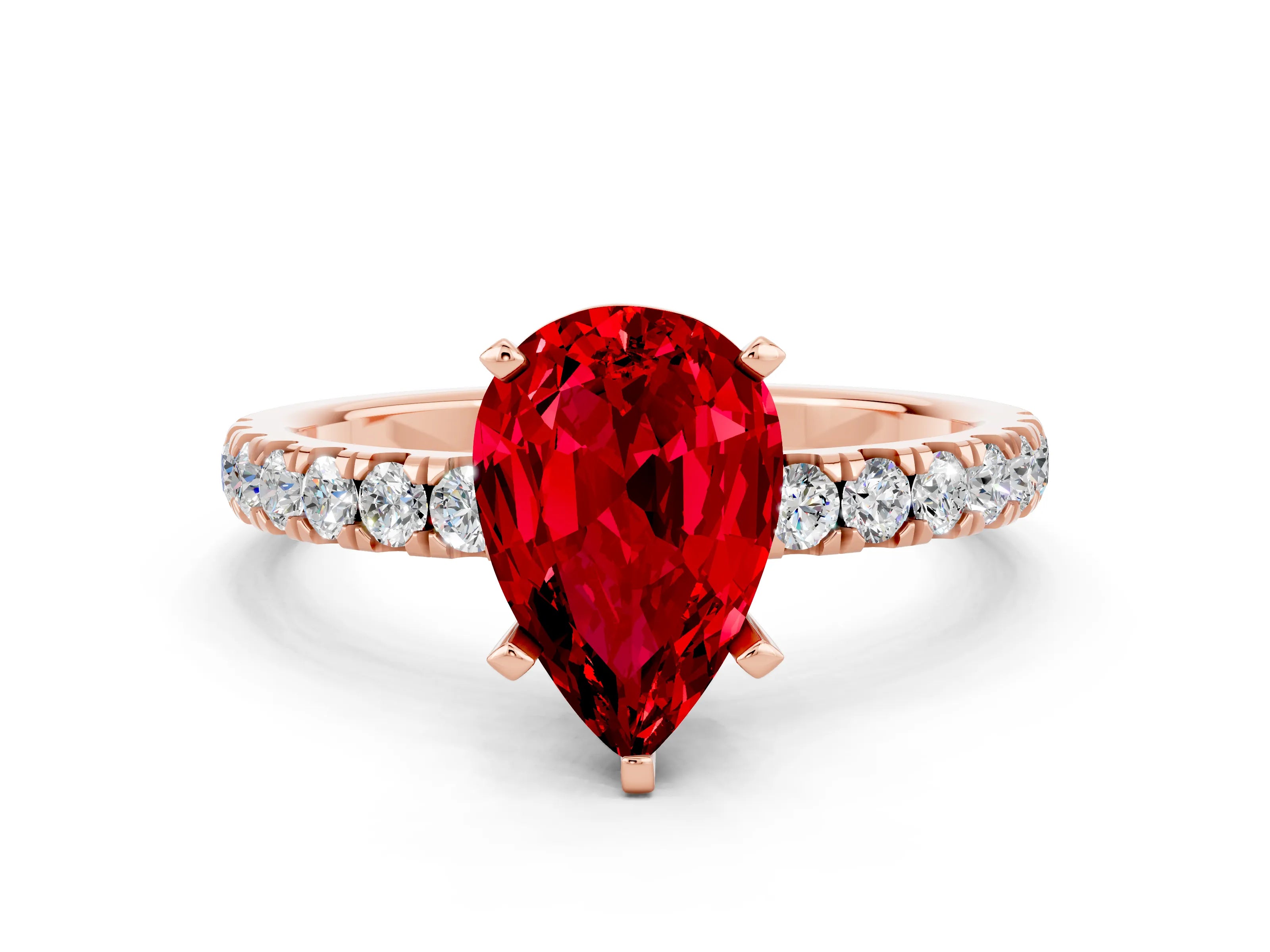 Rose gold Pear Cut Ruby Solitaire Ring with Pavé Accents and Four-Prong Setting