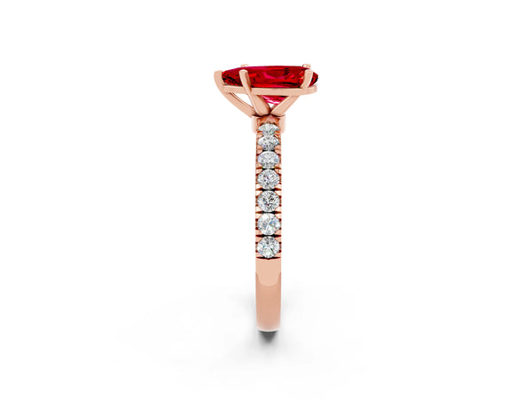 Rose gold Pear Cut Ruby Solitaire Ring with Pavé Accents and Four-Prong Setting