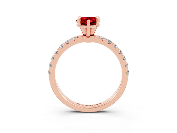 Rose gold Pear Cut Ruby Solitaire Ring with Pavé Accents and Four-Prong Setting