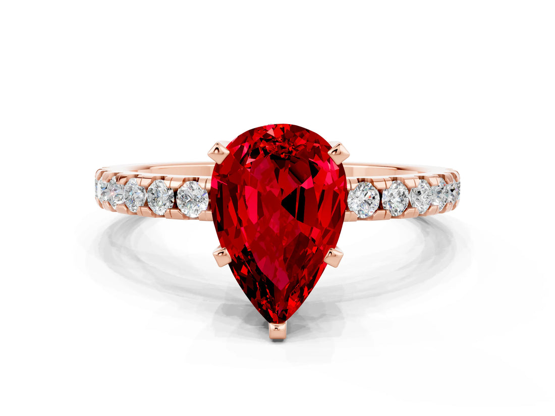 Rose gold Pear Cut Ruby Solitaire Ring with Pavé Band and Four-Prong Setting_24