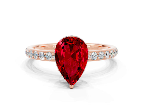 Rose gold Pear Cut Ruby Solitaire Ring with Pavé Band and Hidden Halo_12