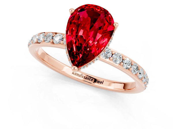 Rose gold Pear Cut Ruby Solitaire Ring with Pavé Band and Hidden Halo