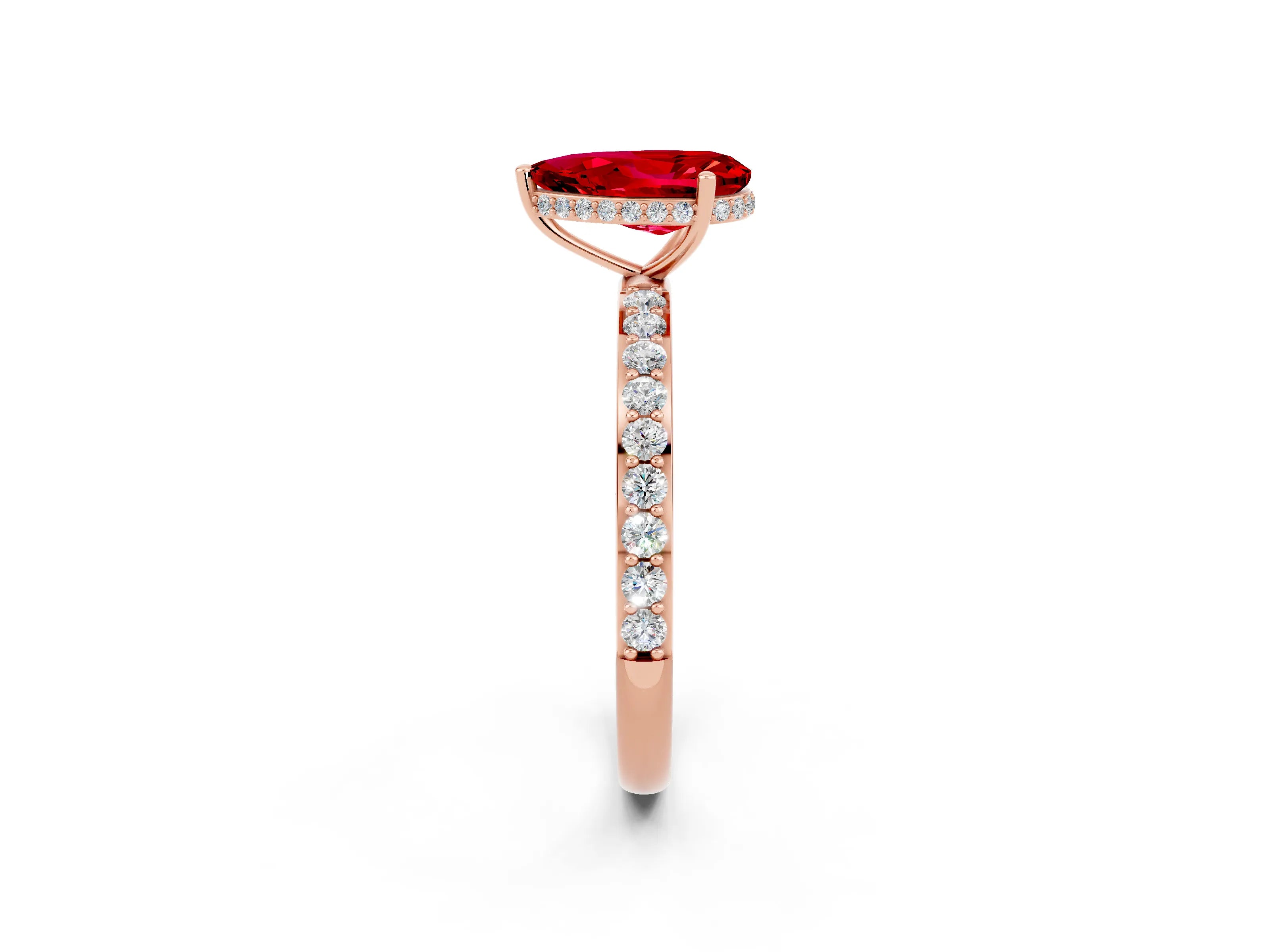 Rose gold Pear Cut Ruby Solitaire Ring with Pavé Band and Hidden Halo_14