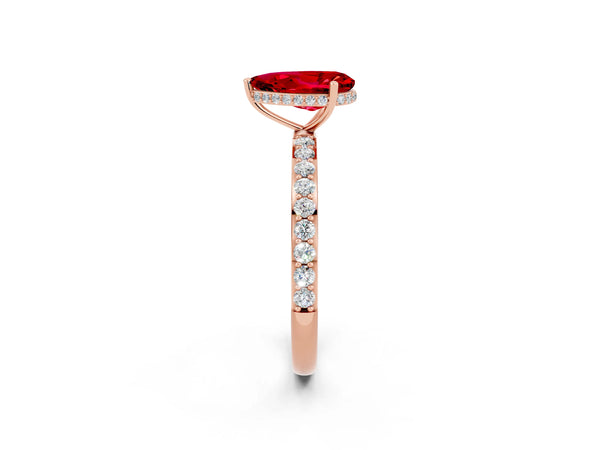 Rose gold Pear Cut Ruby Solitaire Ring with Pavé Band and Hidden Halo