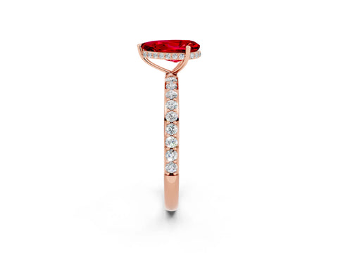 Rose gold Pear Cut Ruby Solitaire Ring with Pavé Band and Hidden Halo_14