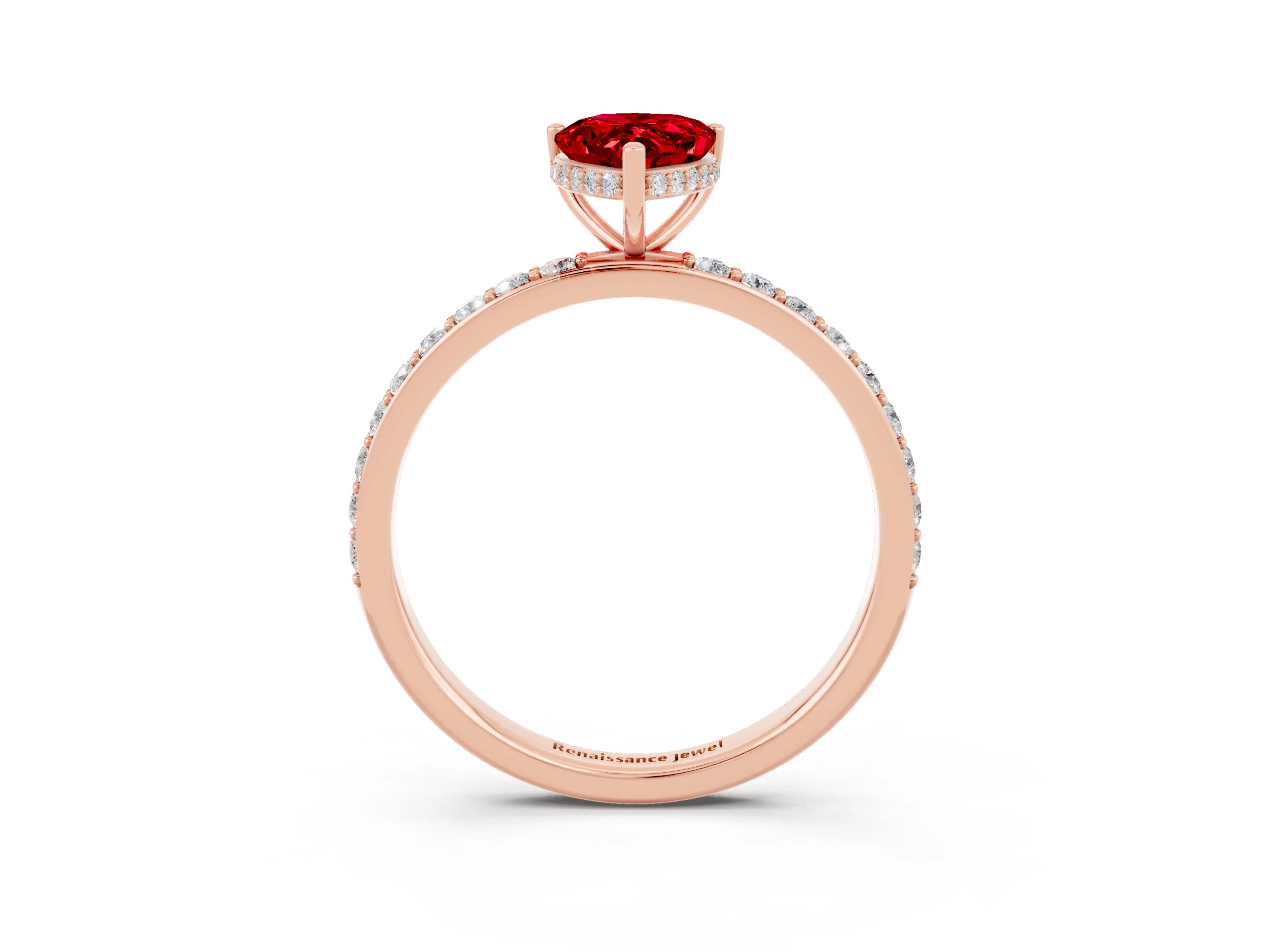 Rose gold Pear Cut Ruby Solitaire Ring with Pavé Band and Hidden Halo_15