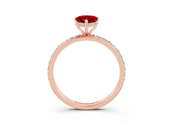 Rose gold Pear Cut Ruby Solitaire Ring with Pavé Band and Hidden Halo