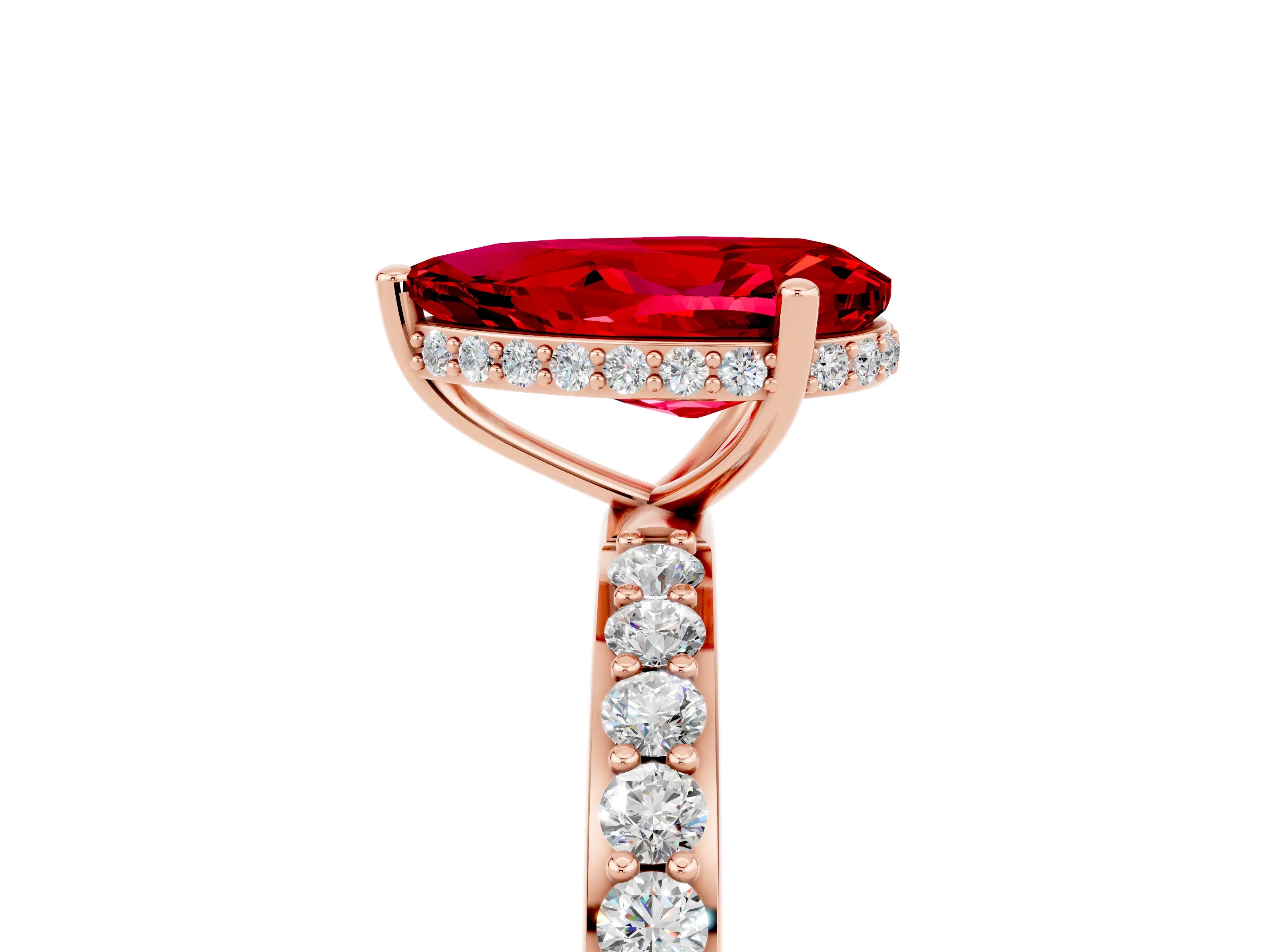 Rose gold Pear Cut Ruby Solitaire Ring with Pavé Band and Hidden Halo_17