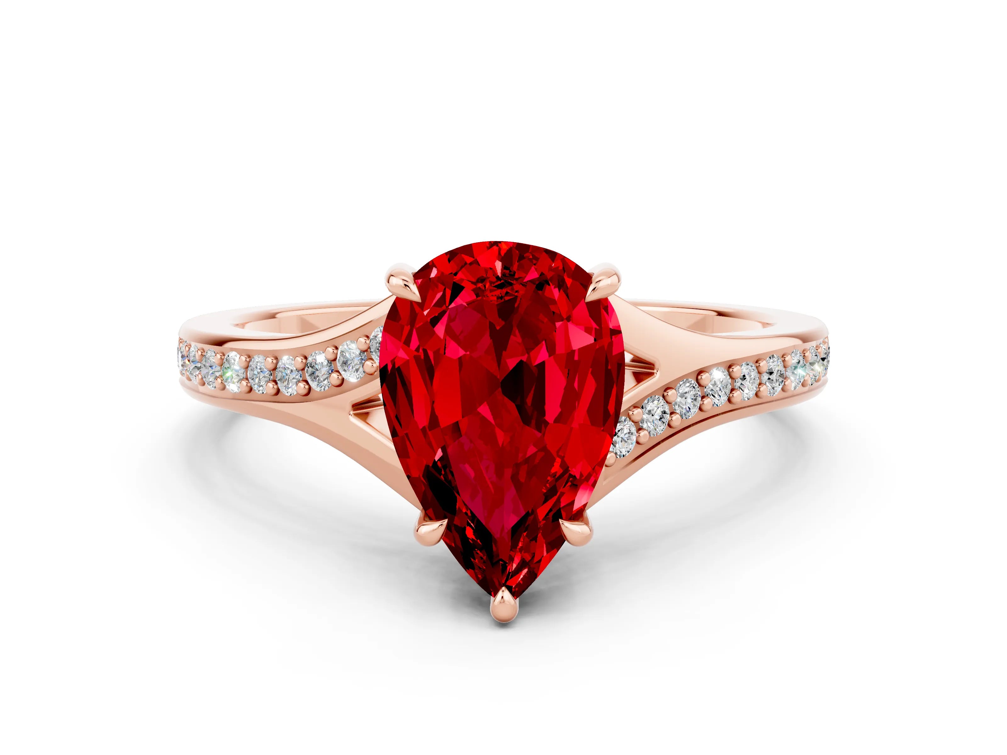 Rose gold Pear Cut Ruby Solitaire Ring with Pavé Band and Prong Setting_12