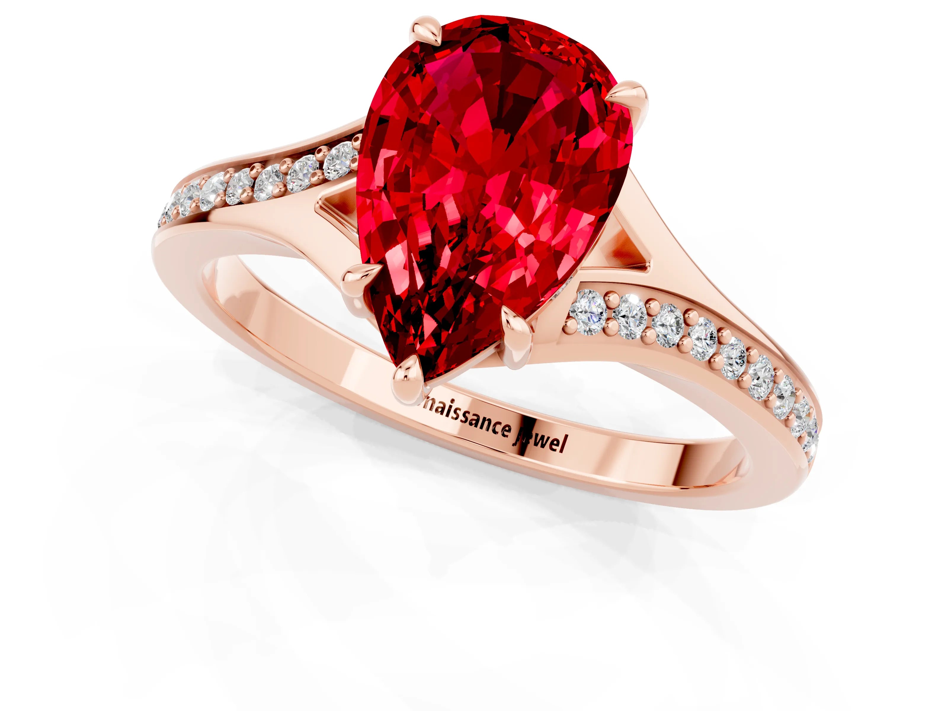 Rose gold Pear Cut Ruby Solitaire Ring with Pavé Band and Prong Setting_13