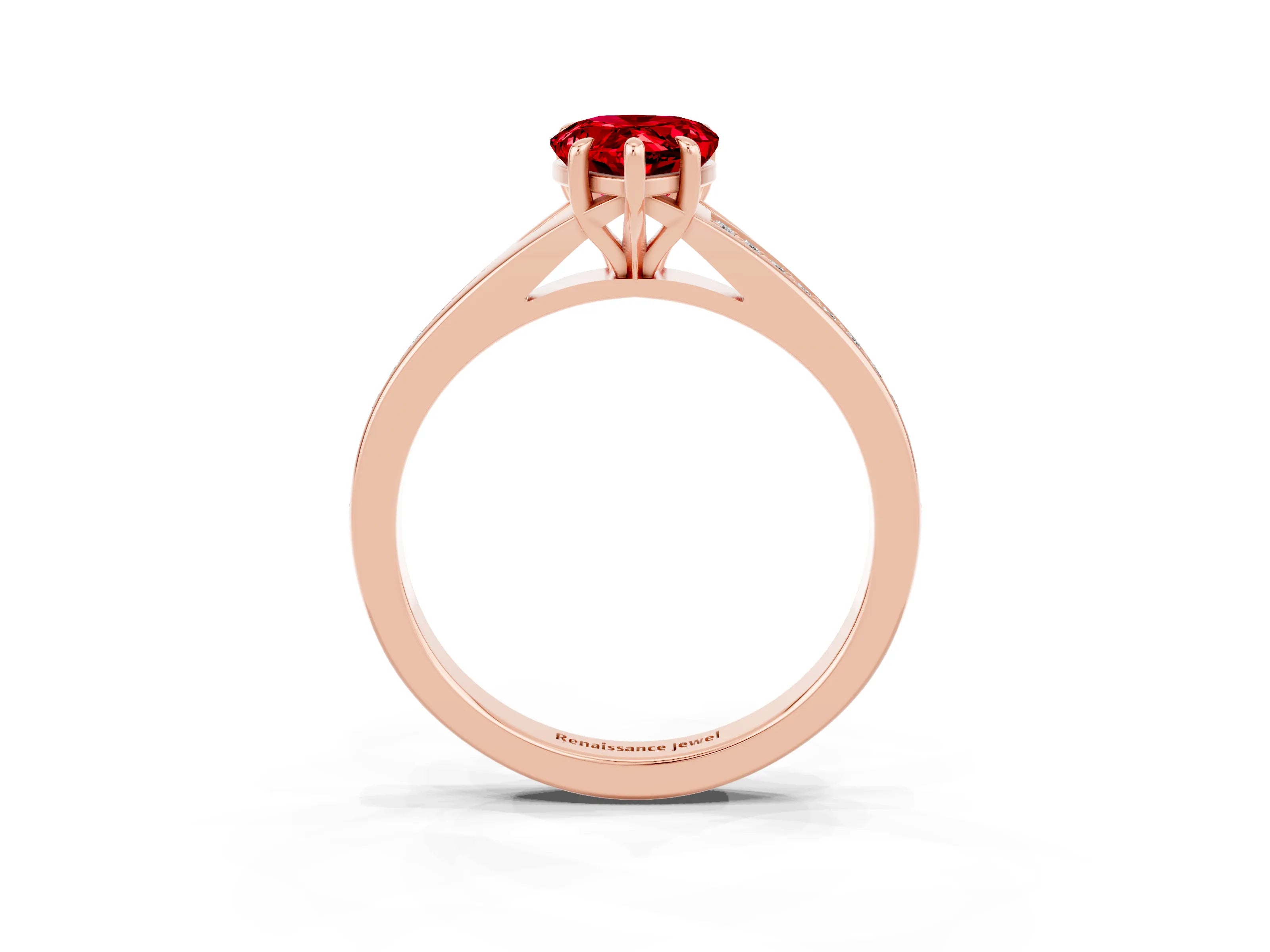 Rose gold Pear Cut Ruby Solitaire Ring with Pavé Band and Prong Setting_15