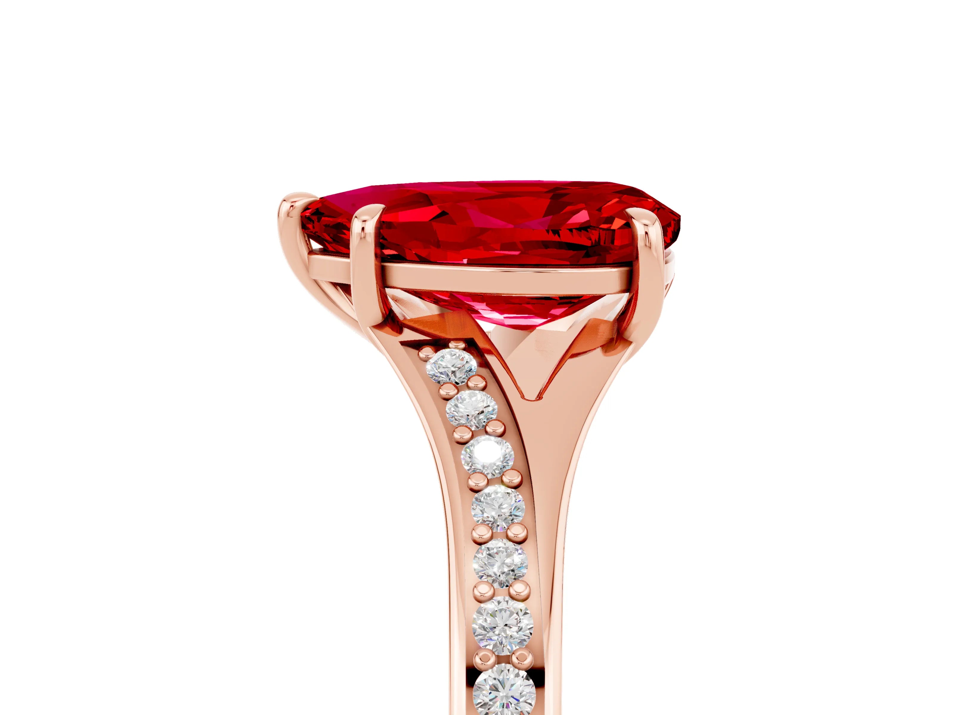 Rose gold Pear Cut Ruby Solitaire Ring with Pavé Band and Prong Setting_17